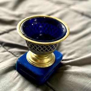Antique bowl brass and cobalt blue glass insert, multipurpose